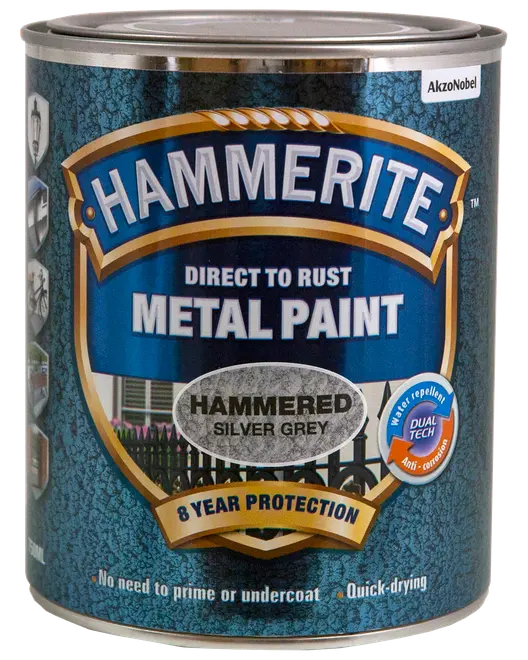 Hammerite metalmaling til direkte på rust, hamret sølvgrå, 8 års beskyttelse, vandafvisende, anti-korrosion, ingen grunding nødvendig, hurtigtørrende, 750 ml dåse.