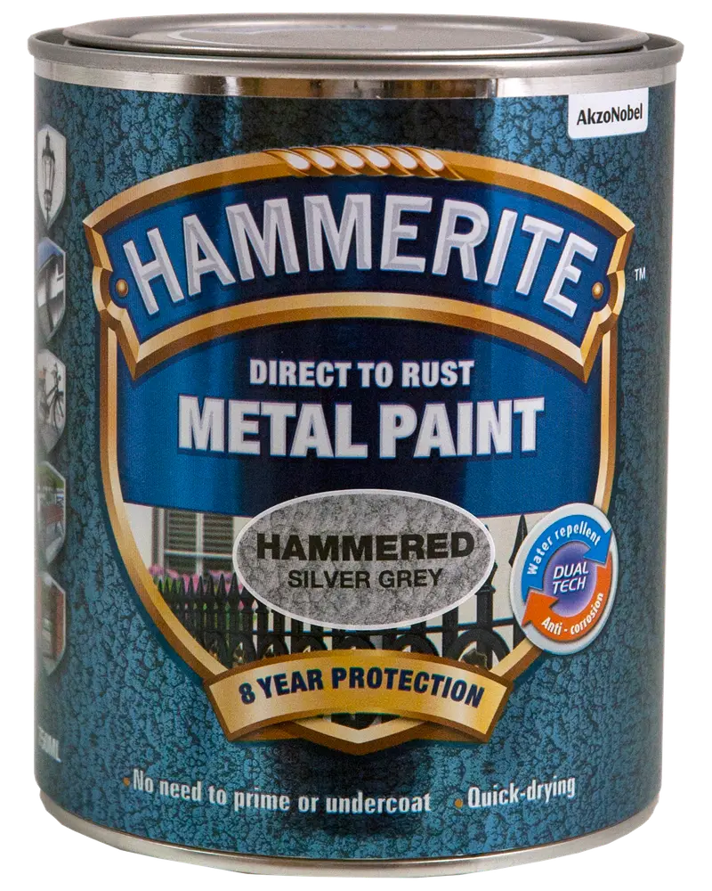 Hammerite metalmaling til direkte på rust, hamret sølvgrå, 8 års beskyttelse, vandafvisende, anti-korrosion, ingen grunding nødvendig, hurtigtørrende, 750 ml dåse.