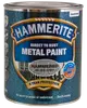 Hammerite sort metalmaling med hamret finish, direkte på rust, 8 års beskyttelse, vandafvisende, hurtigtørrende, ingen grunding nødvendig, egnet til udendørs metaloverflader.