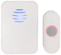 Trådløst dørklokkesæt med rektangulær modtager med blå LED-indikator og kompakt oval knap med rød LED-ring, begge i hvid plast. Moderne, minimalistisk design.