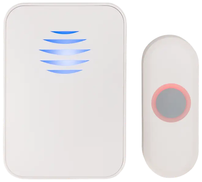 Trådløst dørklokkesæt med rektangulær modtager med blå LED-indikator og kompakt oval knap med rød LED-ring, begge i hvid plast. Moderne, minimalistisk design.