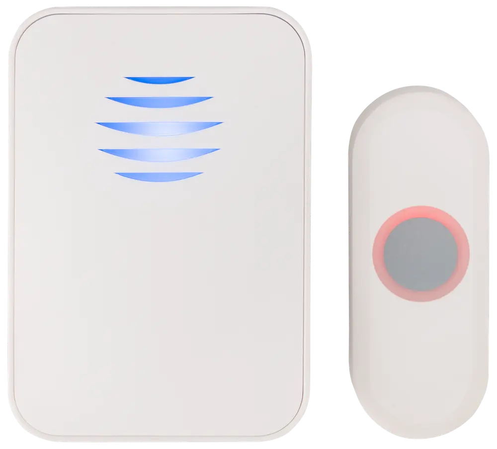 Trådløst dørklokkesæt med rektangulær modtager med blå LED-indikator og kompakt oval knap med rød LED-ring, begge i hvid plast. Moderne, minimalistisk design.