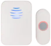 Trådlöst dörrklockset med rektangulär mottagare med blå LED-indikator och oval knapp med röd LED-ring, båda i vit plast. Modern, minimalistisk design.