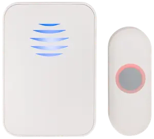 Trådlöst dörrklockset med rektangulär mottagare med blå LED-indikator och oval knapp med röd LED-ring, båda i vit plast. Modern, minimalistisk design.