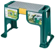 Grön och grå trädgårdsknäkudde i plast med förvaringsfack, stadiga handtag och räfflad sits. Kan användas som pall eller knäskydd. Lätt och portabel.