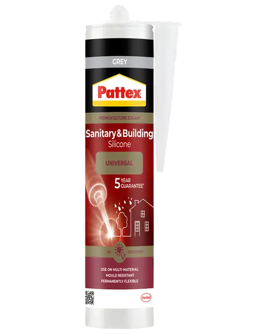 Grå Pattex Sanitary & Building Silicone fuge i tube, universel, UV-bestandig, til flere materialer, med 5 års garanti.