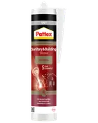 Grå Pattex Sanitary & Building Silicone fuge i tube, universel, UV-bestandig, til flere materialer, med 5 års garanti.