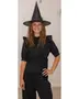 Vuxen häxkostym med spetsig svart hatt, svart blus med volanger och korta ärmar samt matchande svarta byxor. Perfekt för Halloween eller temafest. Bekväm och stilren.