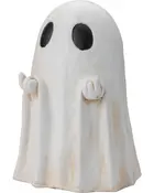 Hvid keramikspøgelsesfigur med sorte ovale øjne, hævede arme og kappe-lignende udseende. Let brun skygge for detaljer. Perfekt til Halloween eller uhyggelig dekoration.