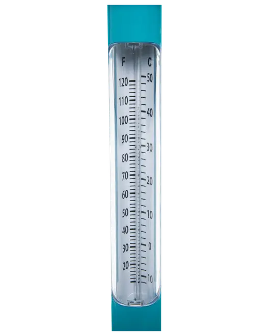 Lodret udendørs termometer med blå ender, gennemsigtig kappe og Fahrenheit- samt Celsius-skala. Sorte, letlæselige tal, velegnet til vægmontering for temperaturmåling.