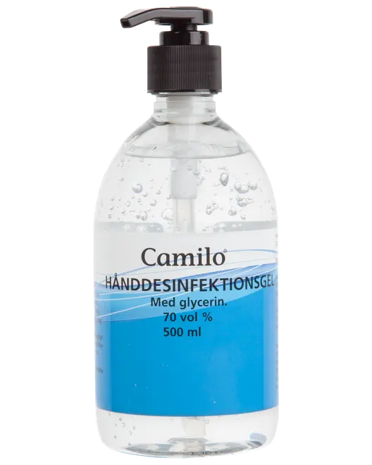 500 ml Camilo hånddesinfektionsgel med glycerin, 70% alkohol, i klar pumpeflaske. Velegnet til hånddesinfektion. Blå og hvid etiket med produktinformation.