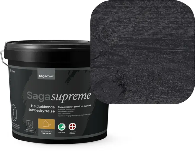 5-liters spand Saga Supreme heldækkende træbeskyttelse, udendørs brug, dyb sort farve, mat finish, velegnet til udendørs træværk, premium kvalitet, miljømærket, dansk produceret.