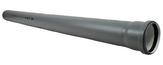 Lang grå plastikrør med konisk form og flangeåbning i enden.