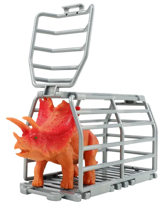 Legetøjssæt med en orange triceratops-figur i et sølvfarvet plastbur med åben top, ideelt til fantasifuld leg og dinosaur-tema eventyr.