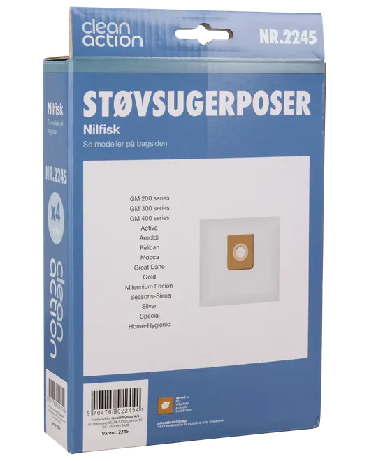 Pakke med 4 Nilfisk støvsugerposer, passer til flere GM-serier og modeller. Rektangulære hvide poser med papkrave for sikker montering. Modelnummer NR.2245.