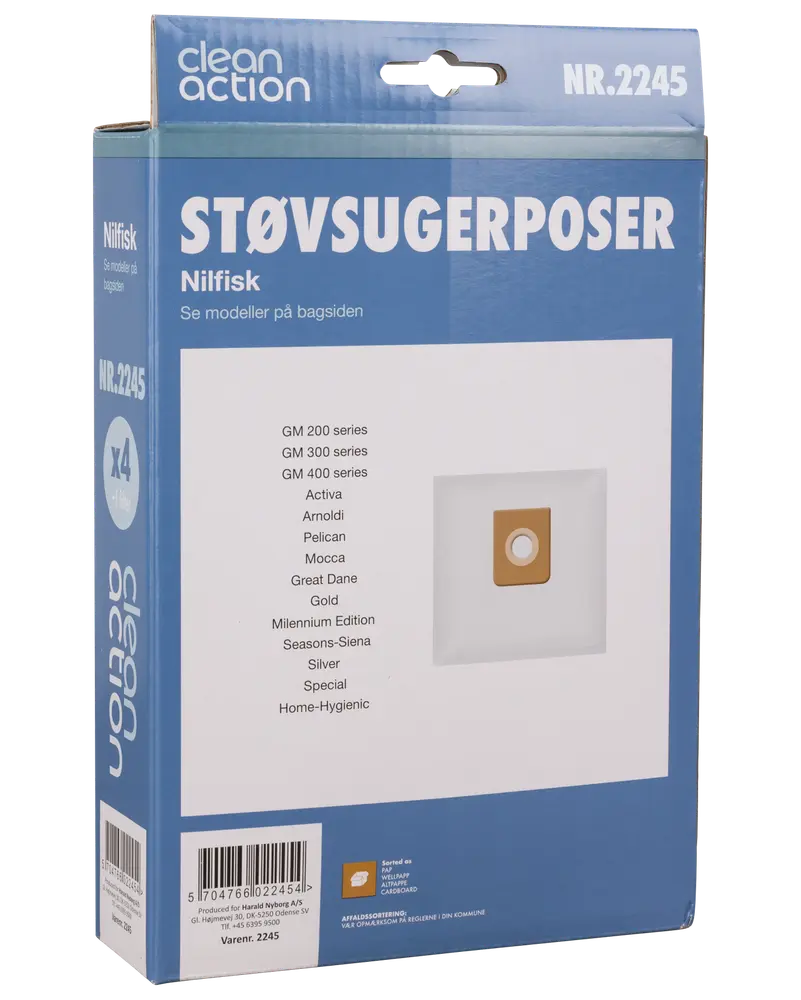 Pakke med 4 Nilfisk støvsugerposer, passer til flere GM-serier og modeller. Rektangulære hvide poser med papkrave for sikker montering. Modelnummer NR.2245.