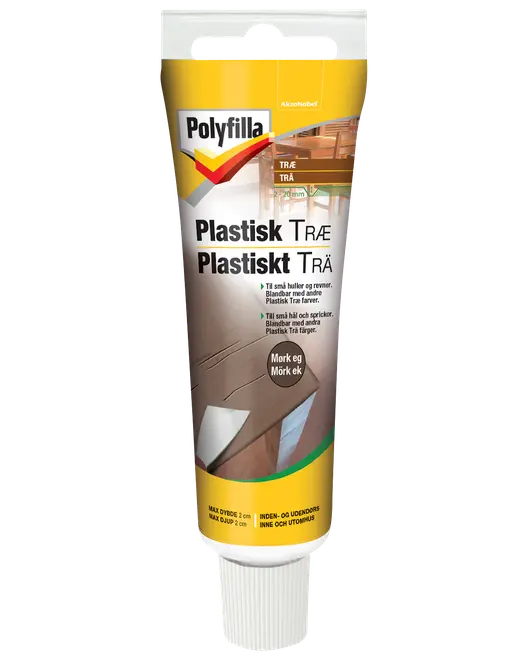 Polyfilla plastisk træfyld i tube, mørk eg, til indendørs og udendørs brug, til revner og huller op til 2 cm.