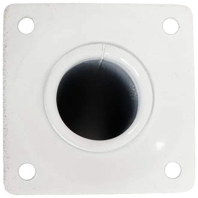 Firkantet hvid metalflange med centralt rundt hul og fire skruehuller i hjørnerne, beregnet til montering af stænger eller rør på flade overflader.
