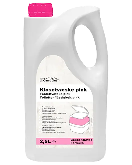 Hvid plastdunk med pink låg, 2,5L, mærket "Klosetvæske pink" til campingtoiletter. Har bærehåndtag og koncentreret formel for effektiv rengøring.