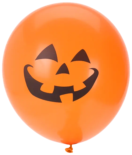 Orange ballon med sort græskaransigt, trekantede øjne, næse og bredt smilende mund. Perfekt til Halloween dekorationer og festlige arrangementer.