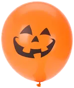 Orange ballon med sort græskaransigt, trekantede øjne, næse og bredt smilende mund. Perfekt til Halloween dekorationer og festlige arrangementer.