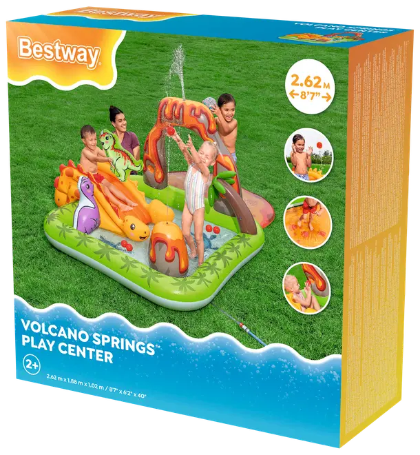 Uppblåsbar lekcenter med vulkan- och dinosaurietema, vattenspridare, rutschkana och plaskpool. Passar barn från 2 år, mått 2,62m x 1,88m x 1,02m.