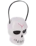 Vit plasthink formad som en dödskalle med svart handtag, svarta ögonhålor, näsa och mun samt ett rött sprickmönster i pannan. Perfekt för Halloween-godis.