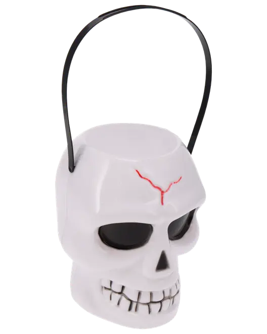Vit plasthink formad som en dödskalle med svart handtag, svarta ögonhålor, näsa och mun samt ett rött sprickmönster i pannan. Perfekt för Halloween-godis.