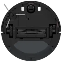 Bund af rund robotstøvsuger med sidebørste, hovedbørste, to hjul og sensorer til navigation og rengøring på forskellige gulvtyper.