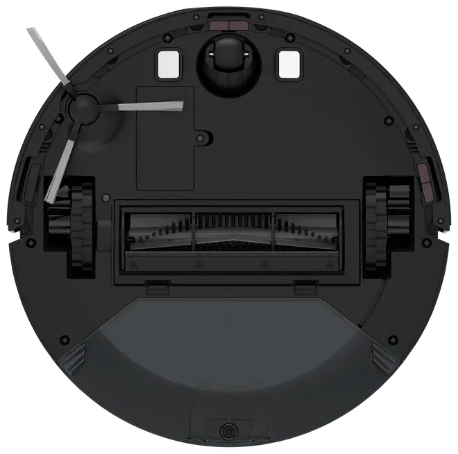 Bund af rund robotstøvsuger med sidebørste, hovedbørste, to hjul og sensorer til navigation og rengøring på forskellige gulvtyper.