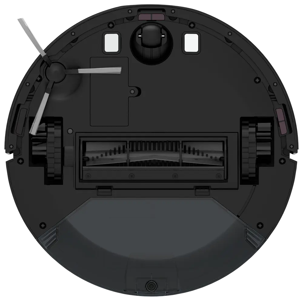 Bund af rund robotstøvsuger med sidebørste, hovedbørste, to hjul og sensorer til navigation og rengøring på forskellige gulvtyper.